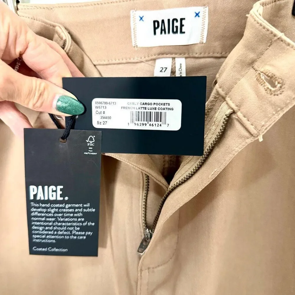 NWT PAIGE Carly Coated High Waist Wide Leg Jeans in latte Size 27